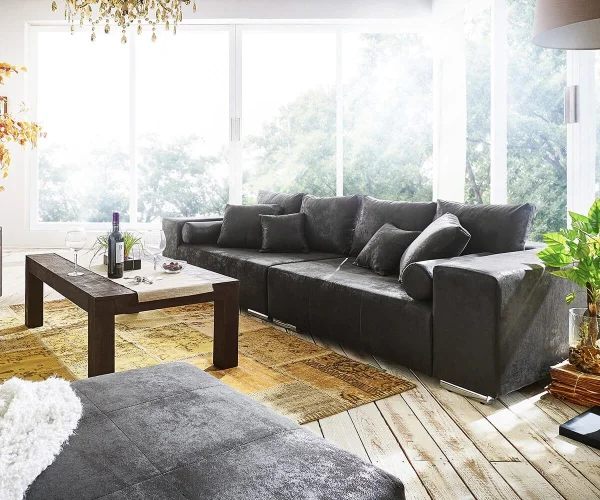 Grand Canapé Marbeya 285x115 cm anthracite aspect antique 10 coussins grand canapé