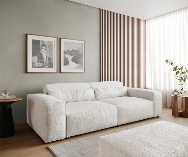 Grand Canapé Sirpio 230x90 cm Bouclee Crème-blanc avec Tabouret