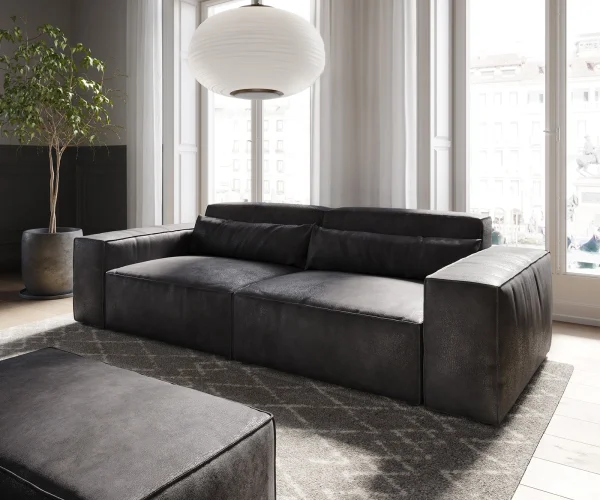 Grand Canapé Sirpio 230x90 cm Cuir synthétique Vintage Anthracite  avec Tabouret