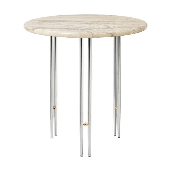 GUBI Table basse IOI Ø50 cm Chrome - laiton - marbre beige