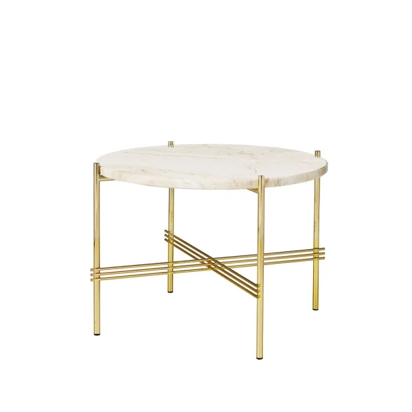 GUBI Table basse TS Round natural white travertine, ø55, structure en laiton