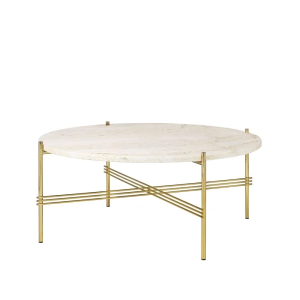 GUBI Table basse TS Round natural white travertine, ø80, structure en laiton