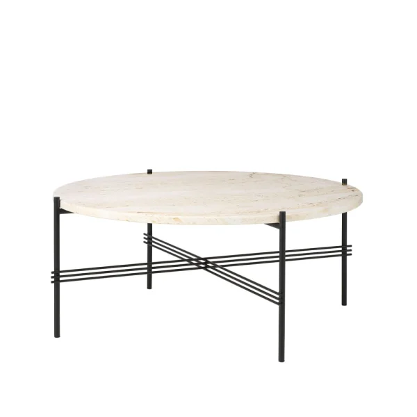 GUBI Table basse TS Round natural white travertine, ø80, structure noire