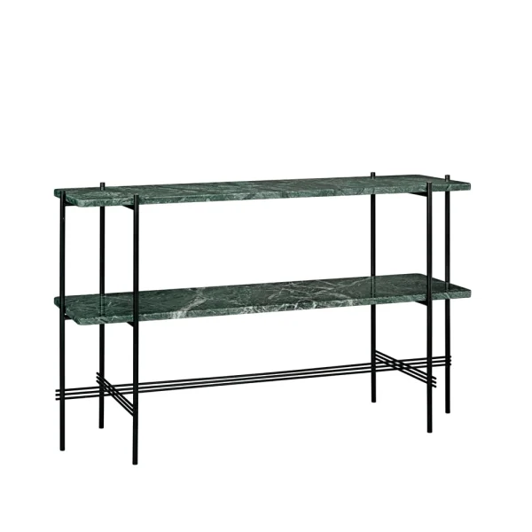 GUBI Table d’appoint TS Console 120x30x72 cm green guatemala marble, structure noire, 2 étagères en marbre