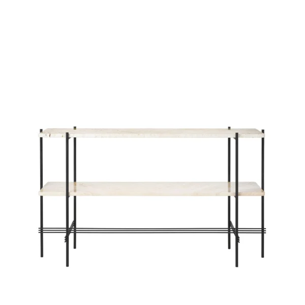 GUBI Table d’appoint TS Console 120x30x72 cm natural white travertine, structure noire, 2 étagères en marbre