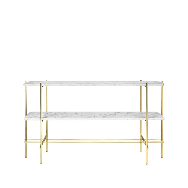 GUBI Table d’appoint TS Console 120x30x72 cm white carrara marble, structure en laiton, 2 étagères en marbre