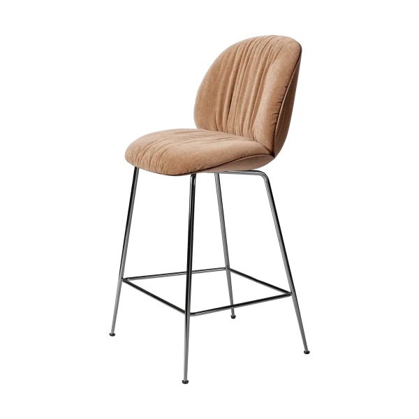 GUBI Tabouret de bar 65 cm Beetle Soft, dossier avant recouvert Tabouret Belsuede Dedar 132, noyer laqué-dossier noir, chrome