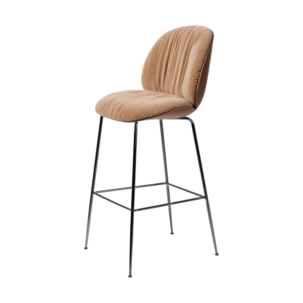 GUBI Tabouret de bar 75 cm Beetle Soft, dossier avant recouvert Tabouret Belsuede Dedar 132, noyer laqué-dossier noir, chrome