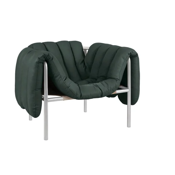 Hem Fauteuil lounge Puffy Dark green leather-acier inoxydable
