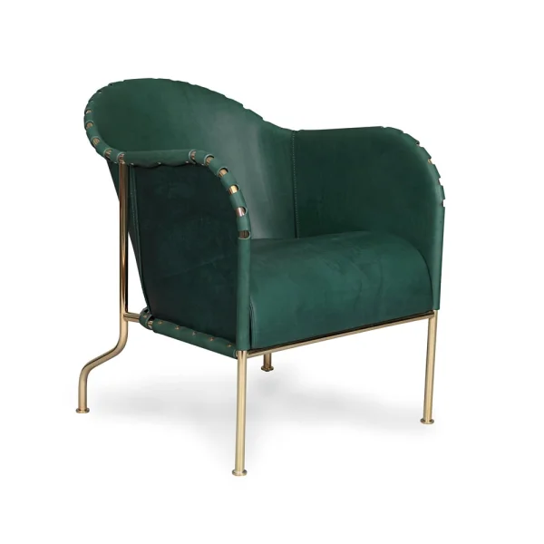 Källemo Fauteuil Bruno Cuir pleine fleur vert bouteille-piètement laiton