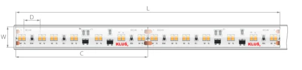 Klus bande LED - largeur 1cm, longueur 500cm - 24Vdc - dim to warm - 9,6W LED par mètre - 224 LED par mètre - IP65 - 1800-3000K