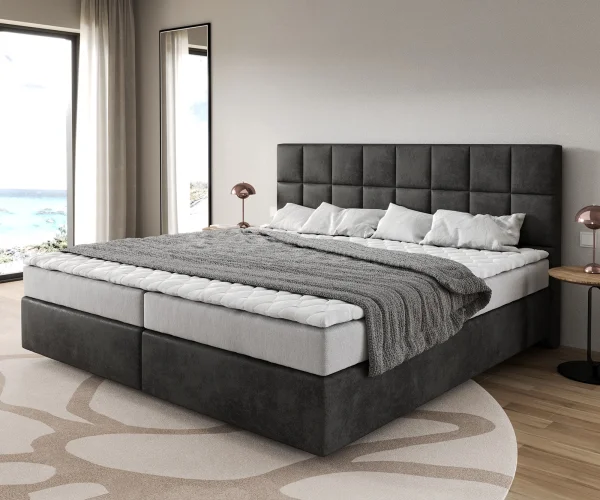 Lit-à-sommier-tapissier Dream-Fine Microfibre Anthracite Vintage 200x200 cm Matelas Bonell Surmatelas PU