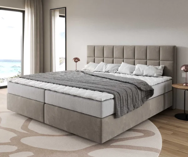 Lit à sommier tapissier Dream-Fine microfibre beige 200x200 cm avec matelas à ressorts ensachés et Visco-Surmatelas