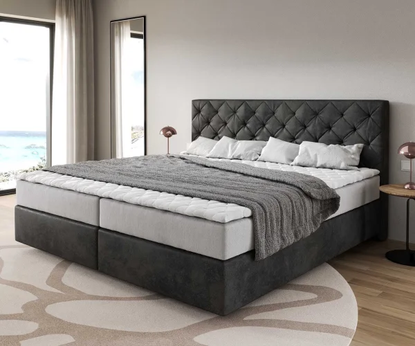 Lit à sommier tapissier Dream-Great Microfibre anthracite vintage 200x200 cm avec matelas à ressorts ensachés et surmatelas en mousse viscoélastique