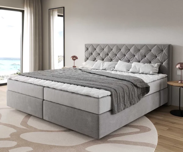 Lit à sommier tapissier Dream-Great microfibre gris 200x200 cm avec matelas à ressorts ensachés et surmatelas en mousse viscoélastique