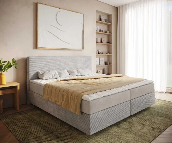 Lit à sommier tapissier Dream-Well Cordon gris argenté 200x200 cm avec matelas à ressorts ensachés et surmatelas viscoélastique