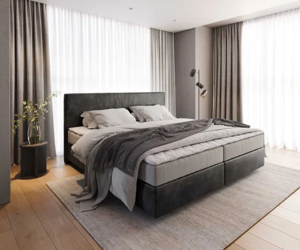 Lit à sommier tapissier Dream-Well Microfibre anthracite vintage 200x200 cm avec matelas à ressorts ensachés et surmatelas viscoélastique