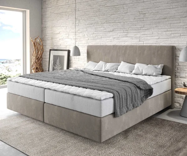 Lit à sommier tapissier Dream-Well microfibre beige 200x200 cm avec matelas à ressorts ensachés et surmatelas ViscoLit à sommier tapissier Dream-Well microfibre beige 200x200 cm avec matelas à ressorts ensachés et surmatelas Visco