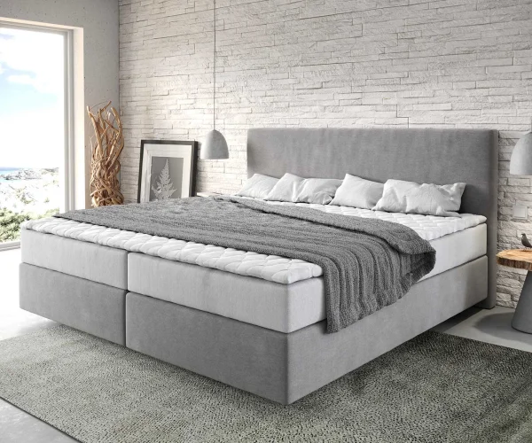 Lit à sommier tapissier Dream-Well Microfibre Gris 200x200 cm avec matelas à ressorts ensachés et topper Visco