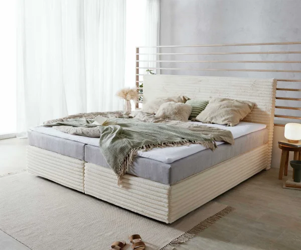 Lit à sommier tapissier Dream-Well Velours côtelé beige 200x200 cm avec matelas à ressorts ensachés et surmatelas viscoélastique