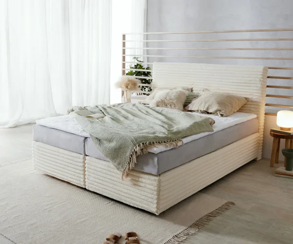 Lit-à-sommier-tapissier Dream-Well  Velours côtelé en peluche beige 160x200 cm Matelas TFK Visco-Surmatelas