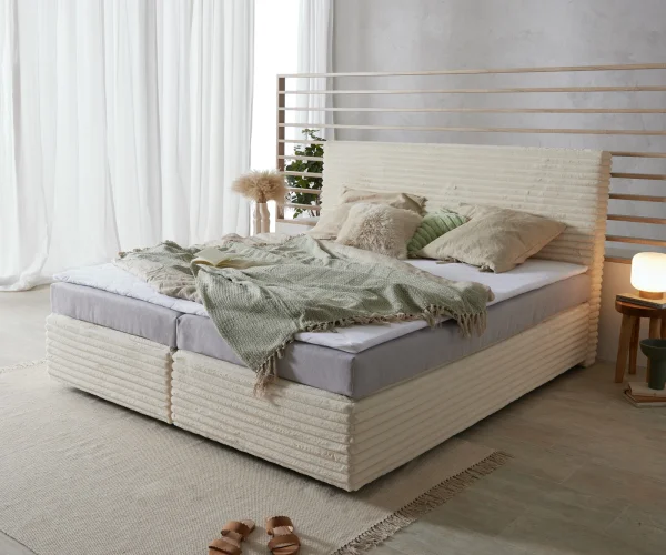 Lit Boxspring Dream-Well Velours Côtelé Beige 180x200 cm Matelas Bonell Topper en Mousse PU