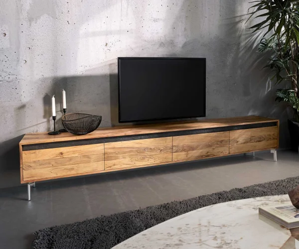 Lowboard Stonegrace 240 cm acacia naturel 4 portes pied ovale inox