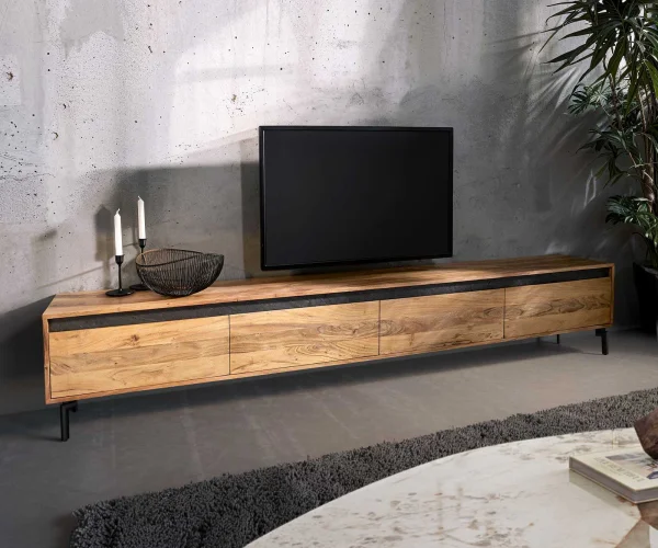 Lowboard Stonegrace 240 cm acacia naturel 4 portes pied ovale métal noir