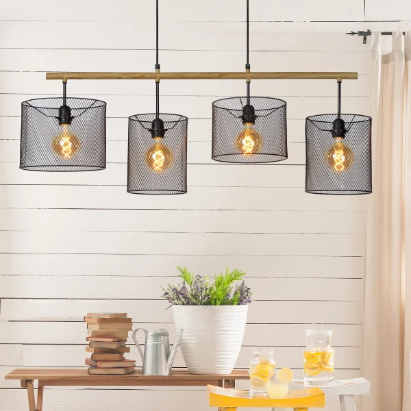 Lucide Baskett - lampe suspendue - 107 x 23 x 175 cm - noir et bois clair