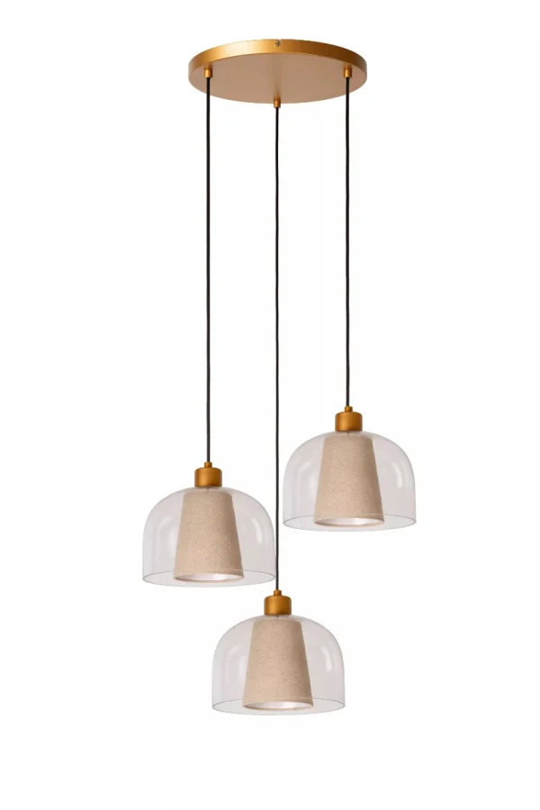 Lucide Gunhild 3L - lampe suspendue - Ø 46,5 x 186,6 cm - beige/or/transparent
