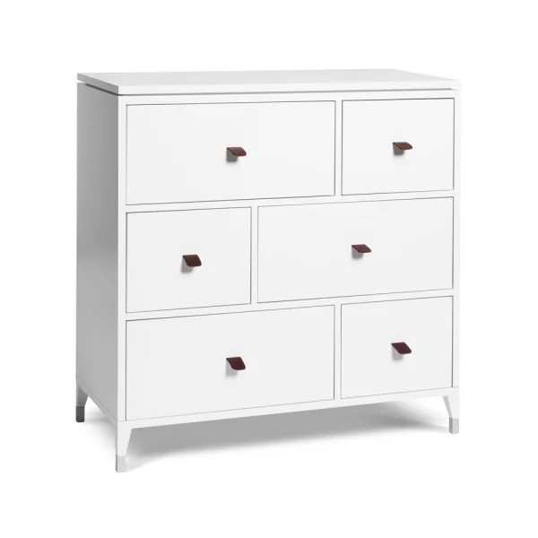 Mavis Commode Abisko Blanc, 6 tiroirs, poignées en cuir d’élan