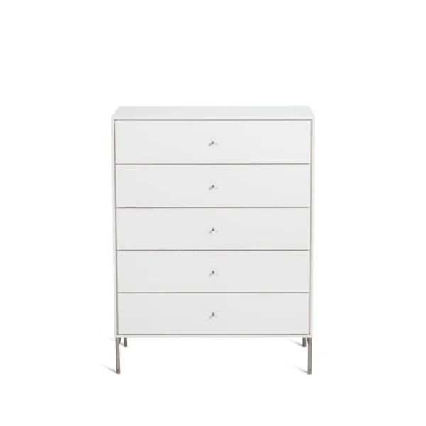 Mavis Commode Volt 5 tiroirs laquée blanche Détails en acier inoxydable