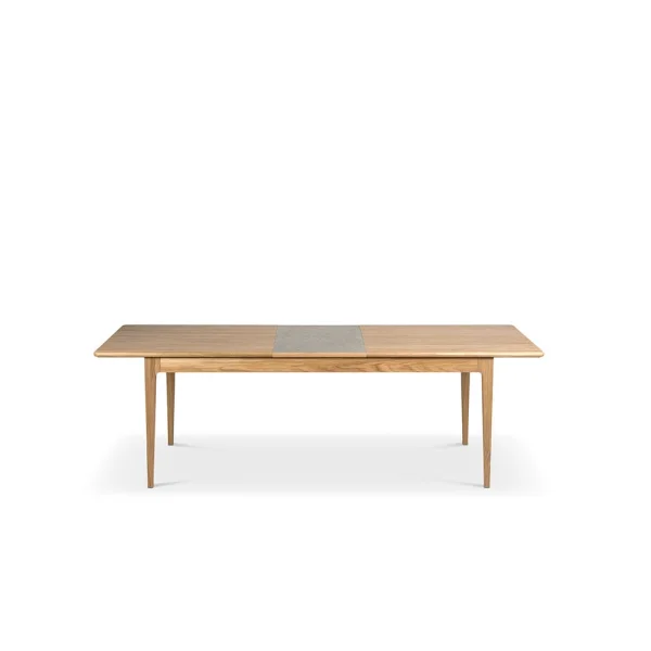Mavis Table à manger Höllviken Chêne blanchi mat laqué, 1 rallonge, pierre calcaire Ø50 cm