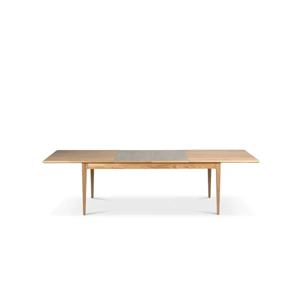 Mavis Table à manger Höllviken Chêne blanchi mat laqué, 2 rallonges, pierre calcaire Ø50 cm
