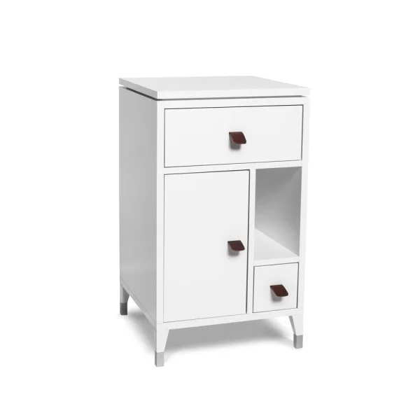 Mavis Table de chevet Abisko pieds bas Blanc, poignées en cuir de renne brun