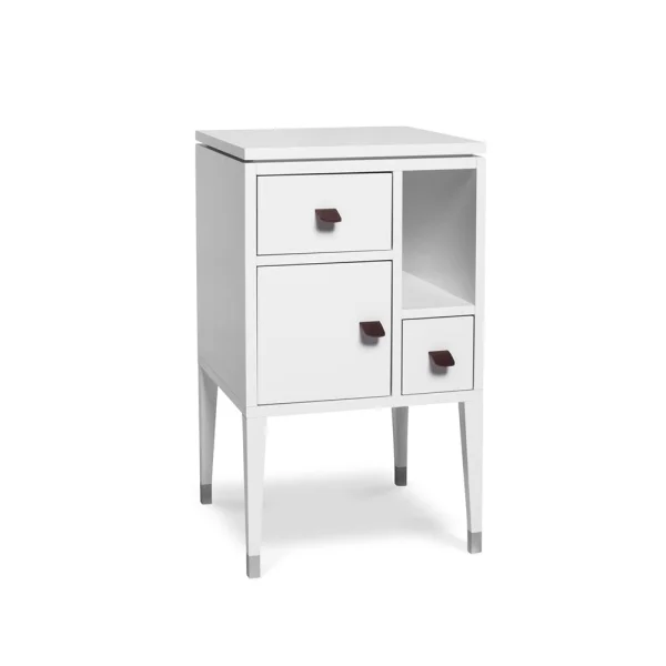 Mavis Table de chevet Abisko pieds hauts Blanc, poignées en cuir de renne brun