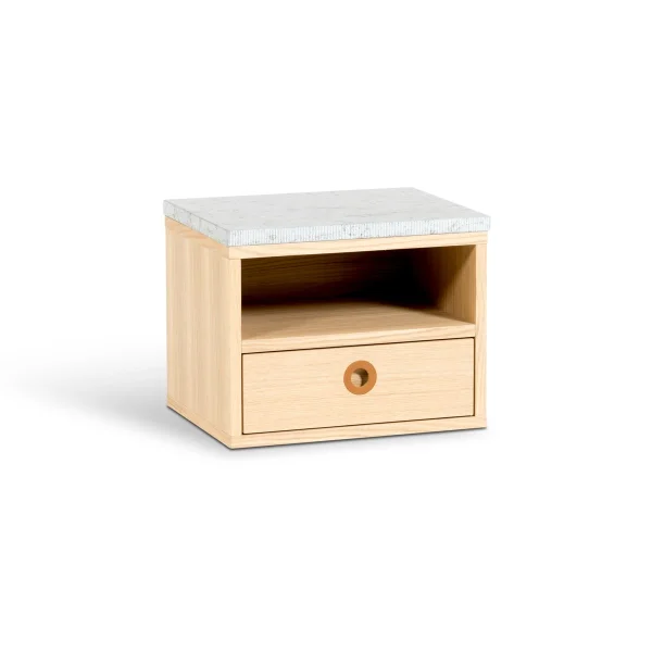 Mavis Table de chevet Höllviken suspendue Chêne blanchi pigmenté, plateau en pierre calcaire, 1 tiroir