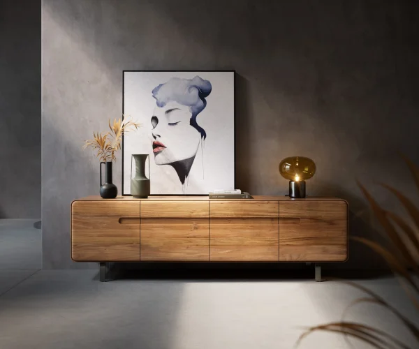 Meuble-TV Anaya 200 cm acacia naturel 4 portes pied en L inoxydable