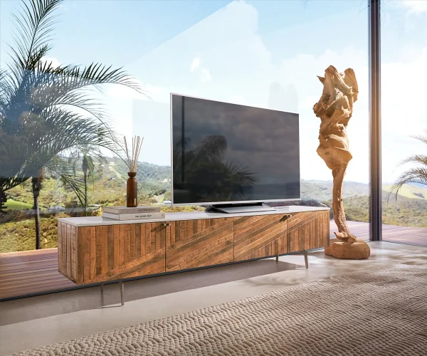 Meuble-Tv Bahan 200 cm mangue teck 4 portes plateau marbre blanc pied d'angle en acier inoxydable