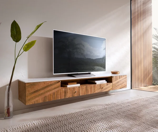 Meuble-TV Bahan 220 cm Mangue Teck 2 portes 2 tiroirs 1 compartiment Plateau en marbre blanc flottant