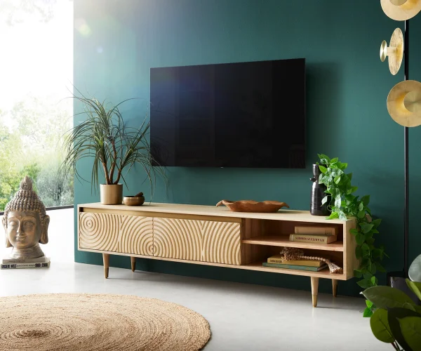 Meuble-TV Budaya 175 cm manguier naturel 2 portes pieds coniques