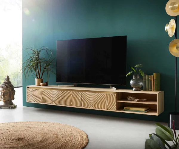 Meuble TV Budaya 220 cm en bois de manguier naturel 3 portes 2 compartiments.