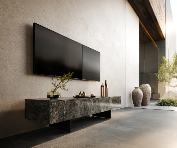 Meuble-TV Cuor 150 cm Céramique Emperador Extra Lucidato brun foncé 1 Clapet 1 Tiroir Pied optique flottant Métal Noir