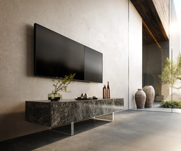 Meuble-TV Cuor 150 cm Céramique Emperador Extra Lucidato brun foncé 1 Clapet 1 Tiroir Pied optique flottant Verre acrylique