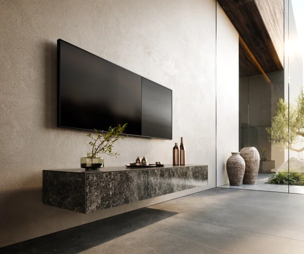 Meuble-TV Cuor 150 cm Céramique Laminam® Emperador Extra Lucidato brun foncé 1 Clapet 1 Tiroir Flottant
