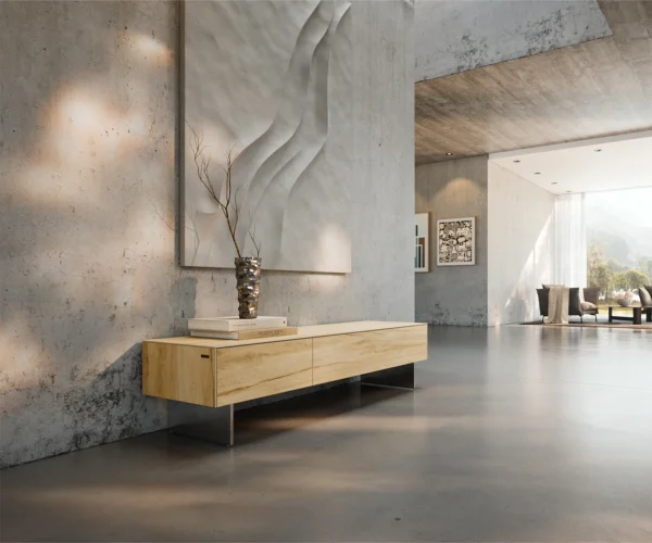 Meuble-TV Cuor 150 cm Céramique Laminam® Sabbia Teinte chêne 1 Clapet 1 Tiroir Pied optique flottant Ancier inoxydable