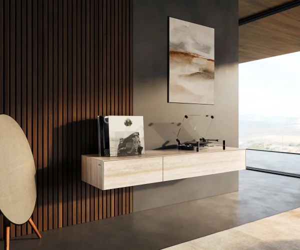 Meuble-TV Cuor 150 cm Céramique Laminam® Travertino Bianco Crème-blanc 1 Clapet 1 Tiroir Flottant