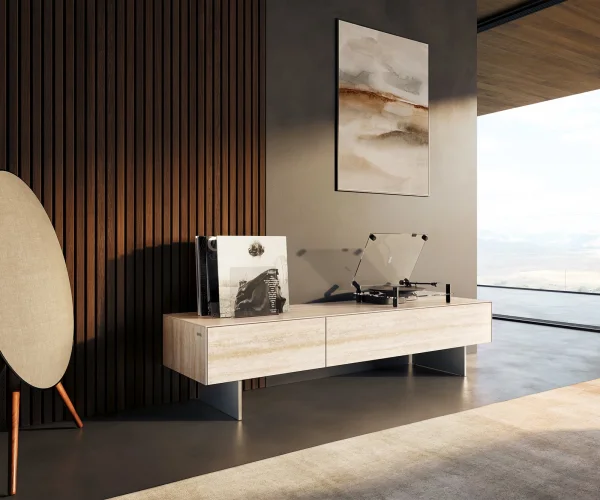 Meuble-TV Cuor 150 cm Céramique Laminam® Travertino Bianco Crème-blanc 1 Clapet 1 Tiroir Pied optique flottant Ancier inoxydable