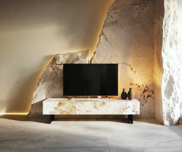 Meuble-TV Cuor 150 cm Céramique Minas Melange Blanc-beige 1 Clapet 1 Tiroir Pied optique flottant Métal Noir