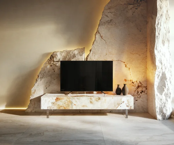 Meuble-TV Cuor 150 cm Céramique Minas Melange Blanc-beige 1 Clapet 1 Tiroir Pied optique flottant Verre acrylique
